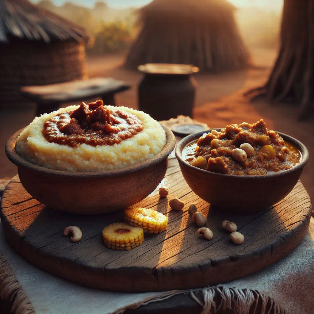 A serving of white nsima with a rich groundnut stew