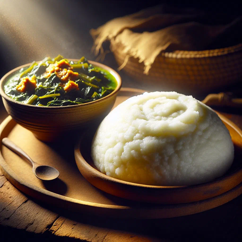 Nsima maize porridge served with a savoury mkhwani sauce
