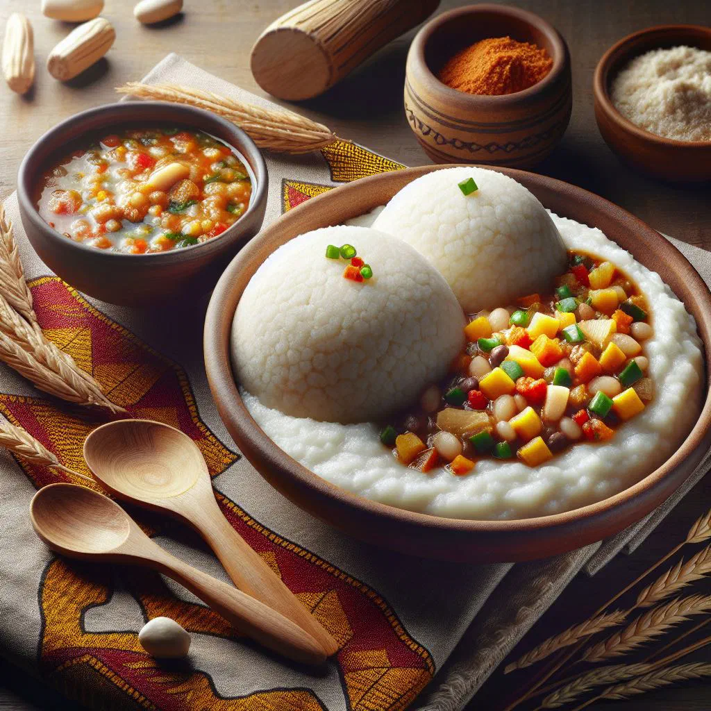 A plate of thick white nsima served with a helping of green ndiwo vegetables