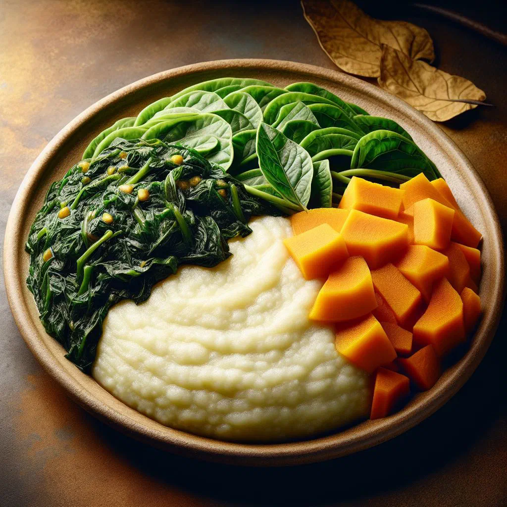 A plate of thick white nsima served with cooked pumpkin leaves