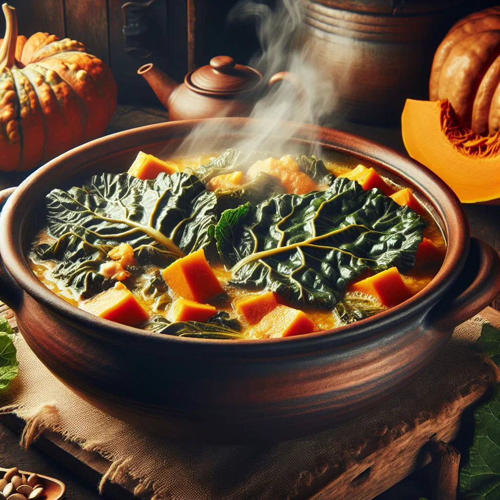 A bowl of Malawian pumpkin leaf stew with tomato and onion