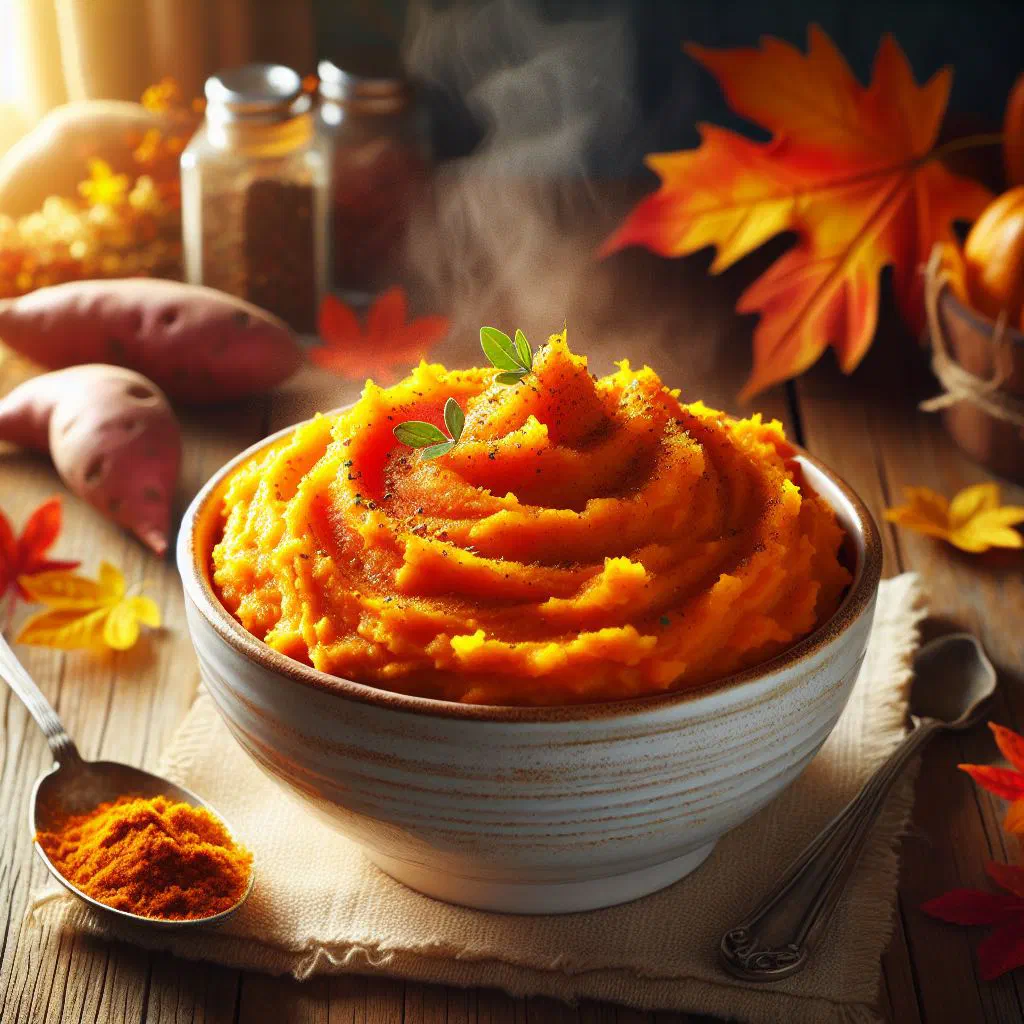 Bowl of spiced mashed sweet potatoes garnished with fresh parsley