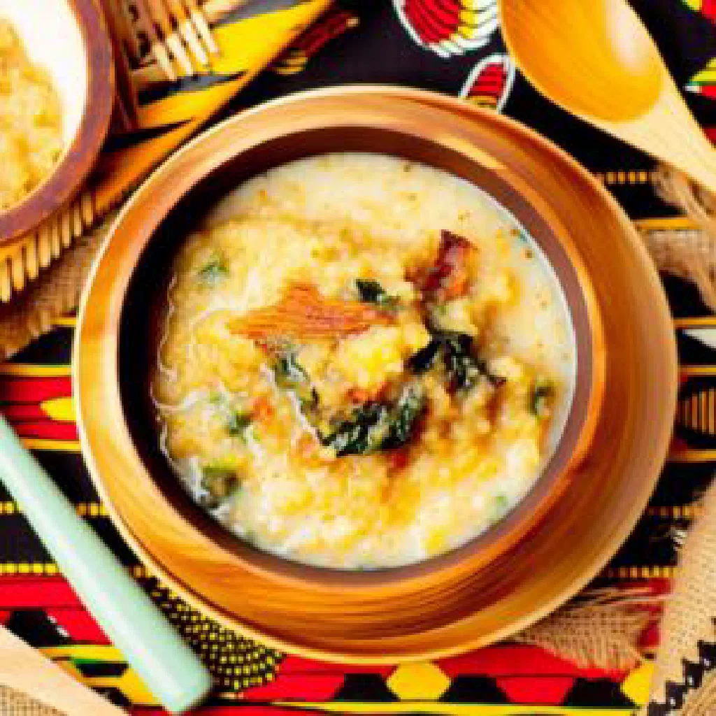 A bowl of smooth white ufa woyera maize porridge from Malawi