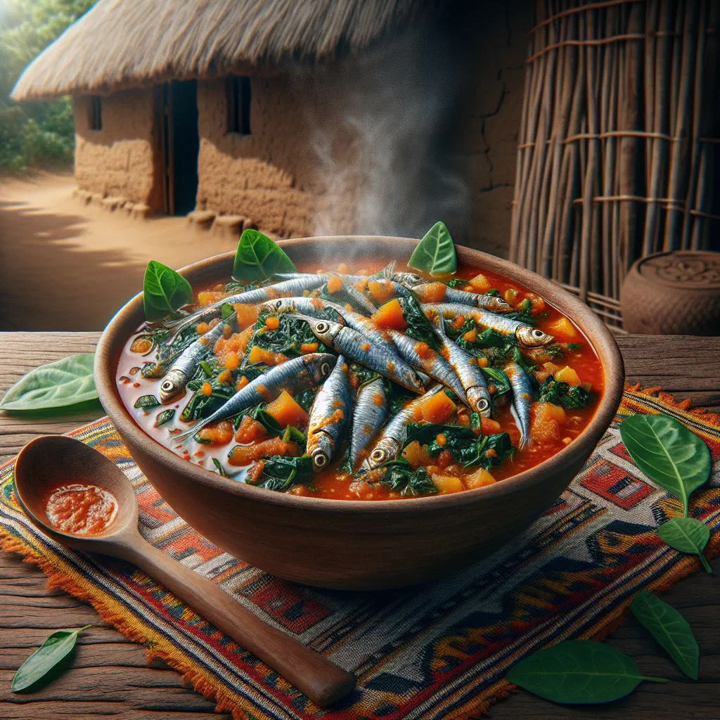 Usipa fish stew with tomatoes and peppers, garnished with fresh coriander