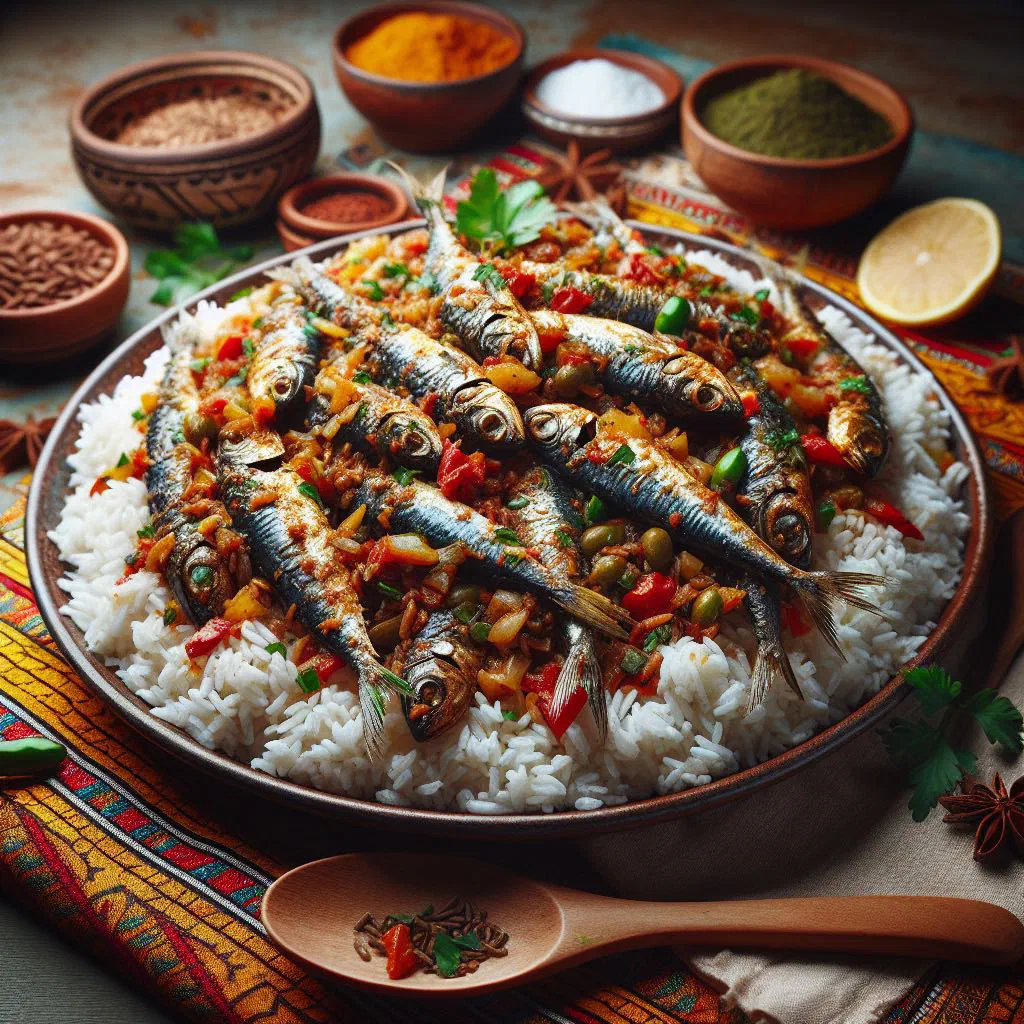 Small dried usipa fish served with fluffy white rice on a plate