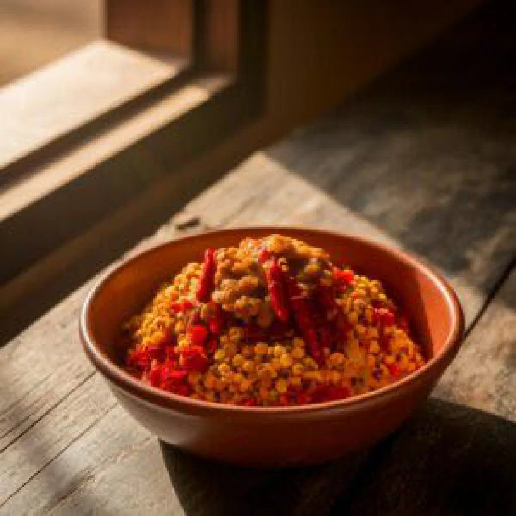 A bowl of Zombo, Malawian spiced leafy greens with onion and tomato