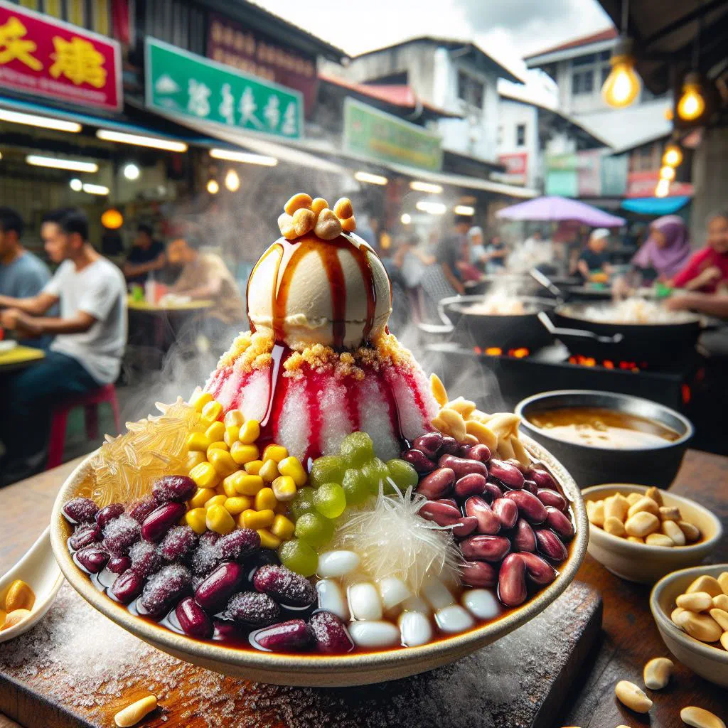 Ais kacang shaved ice dessert topped with red beans, sweet corn, fresh fruit and colourful syrup