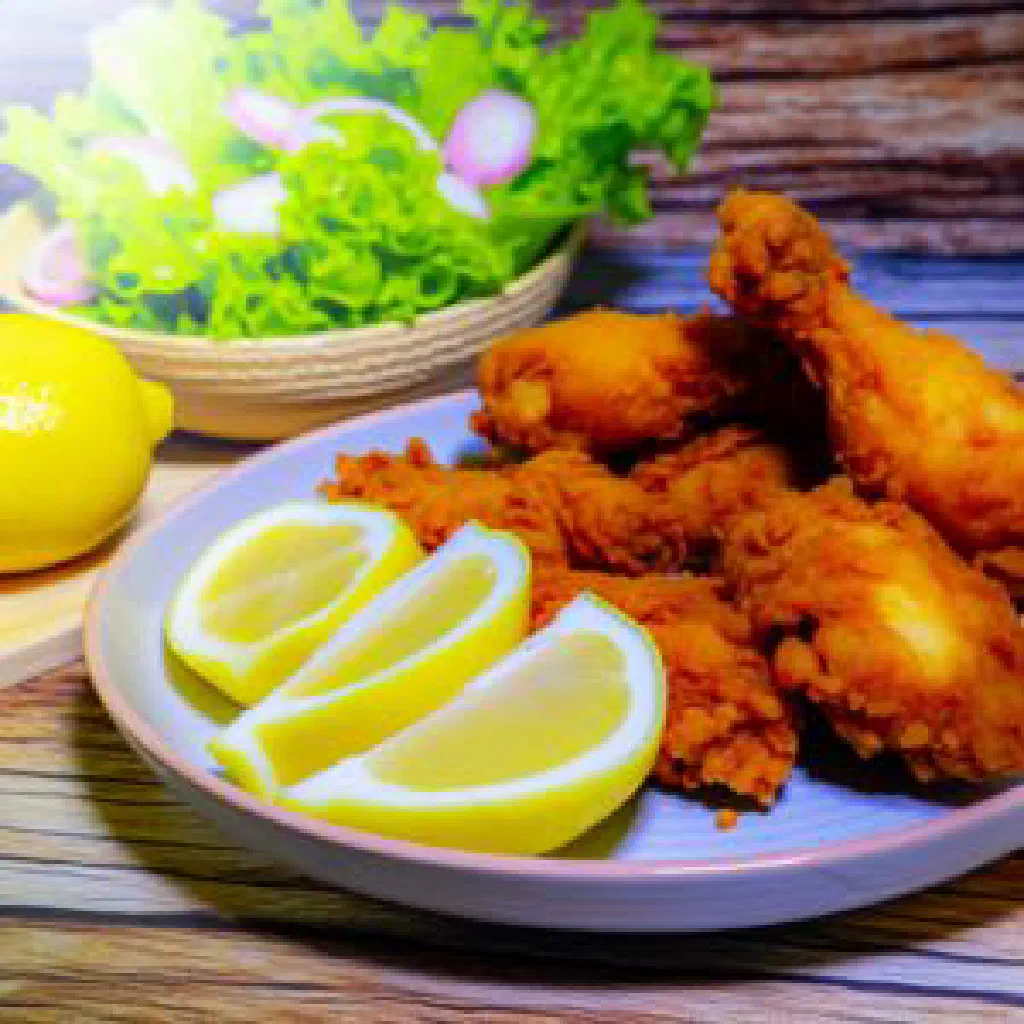 Ayam penyet smashed fried chicken served with rice, sambal and fresh cucumber