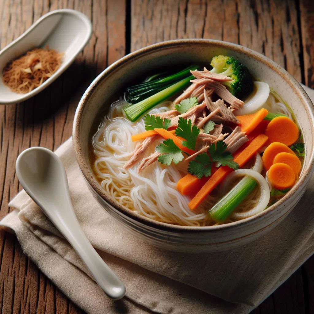 Bowl of bihun sup with rice noodles, chicken and fresh herbs in clear broth