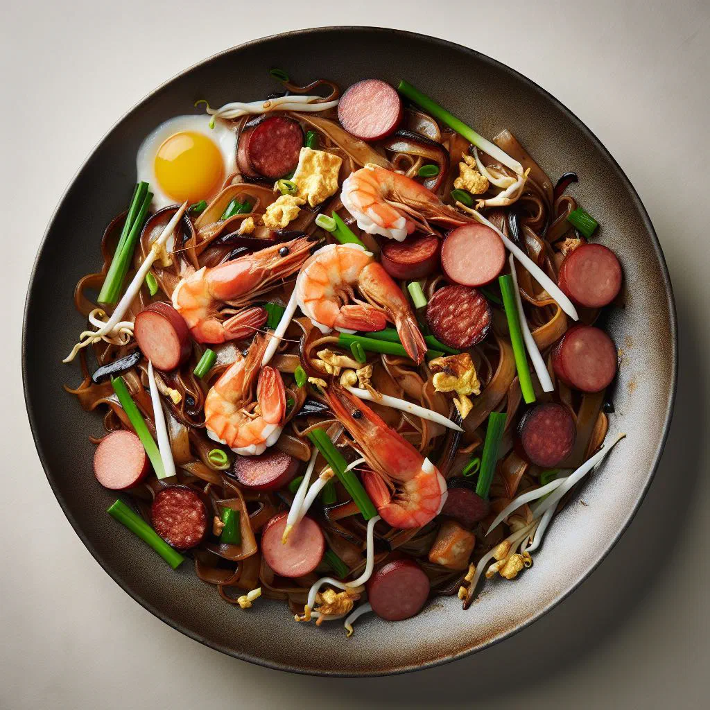 Char kway teow with flat rice noodles, prawns and fresh coriander