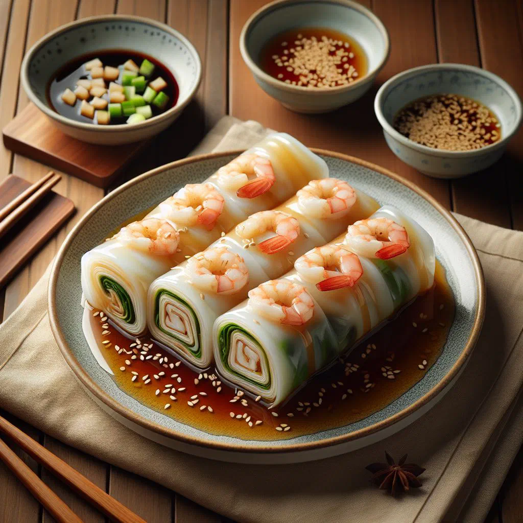 Chee cheong fun rice noodle rolls drizzled with sauce and garnished with spring onions