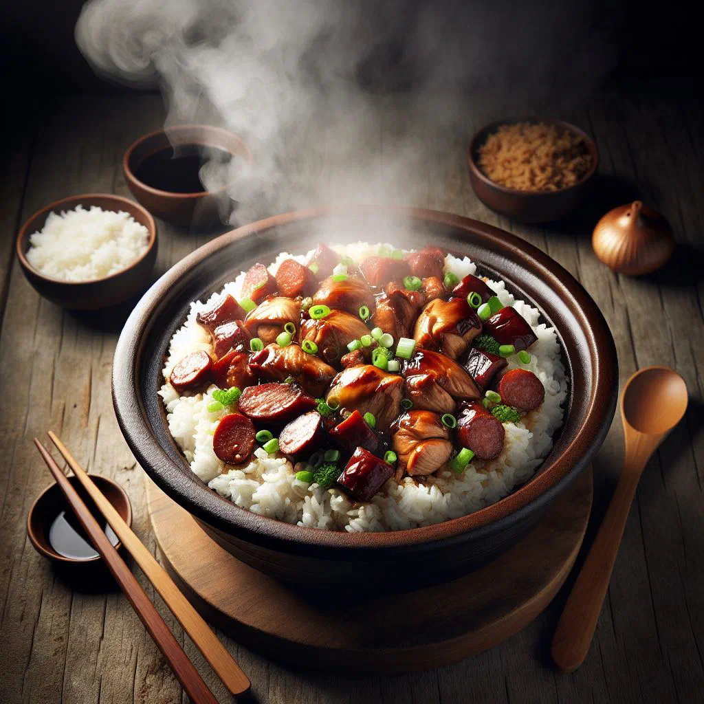 Claypot chicken rice with tender chicken pieces and spring onions served in a clay pot