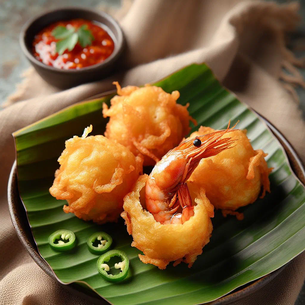 Golden crispy cucur udang prawn fritters piled on a plate