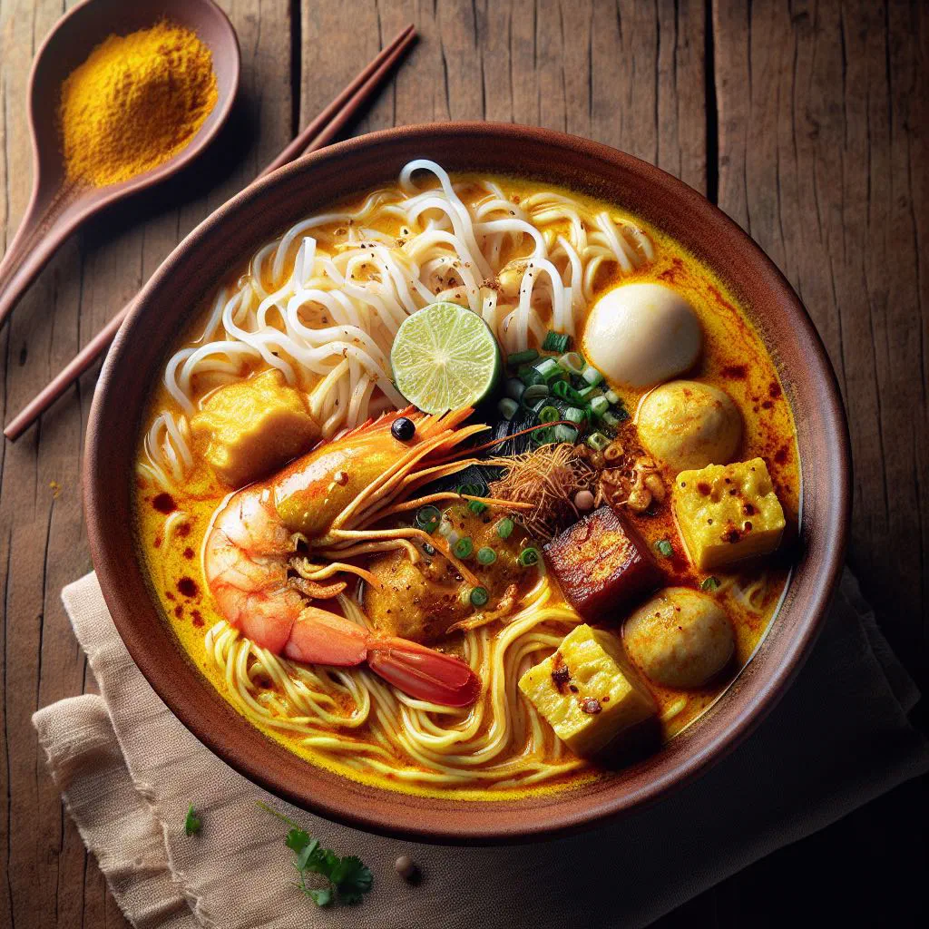 Bowl of curry mee with rice noodles in a creamy coconut curry sauce, garnished with fresh coriander