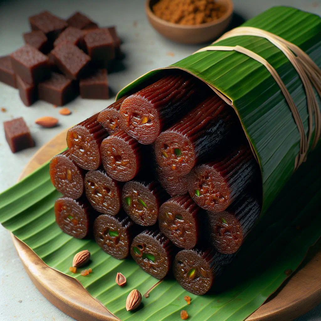 Sliced dodol, a dark, sticky Malaysian glutinous rice and coconut dessert
