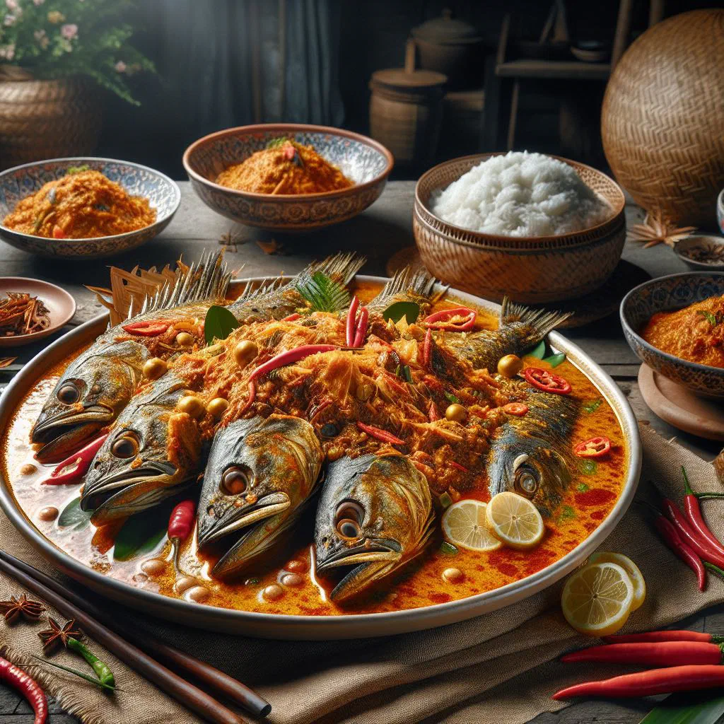Fish head curry in a rich, spiced coconut sauce with vegetables