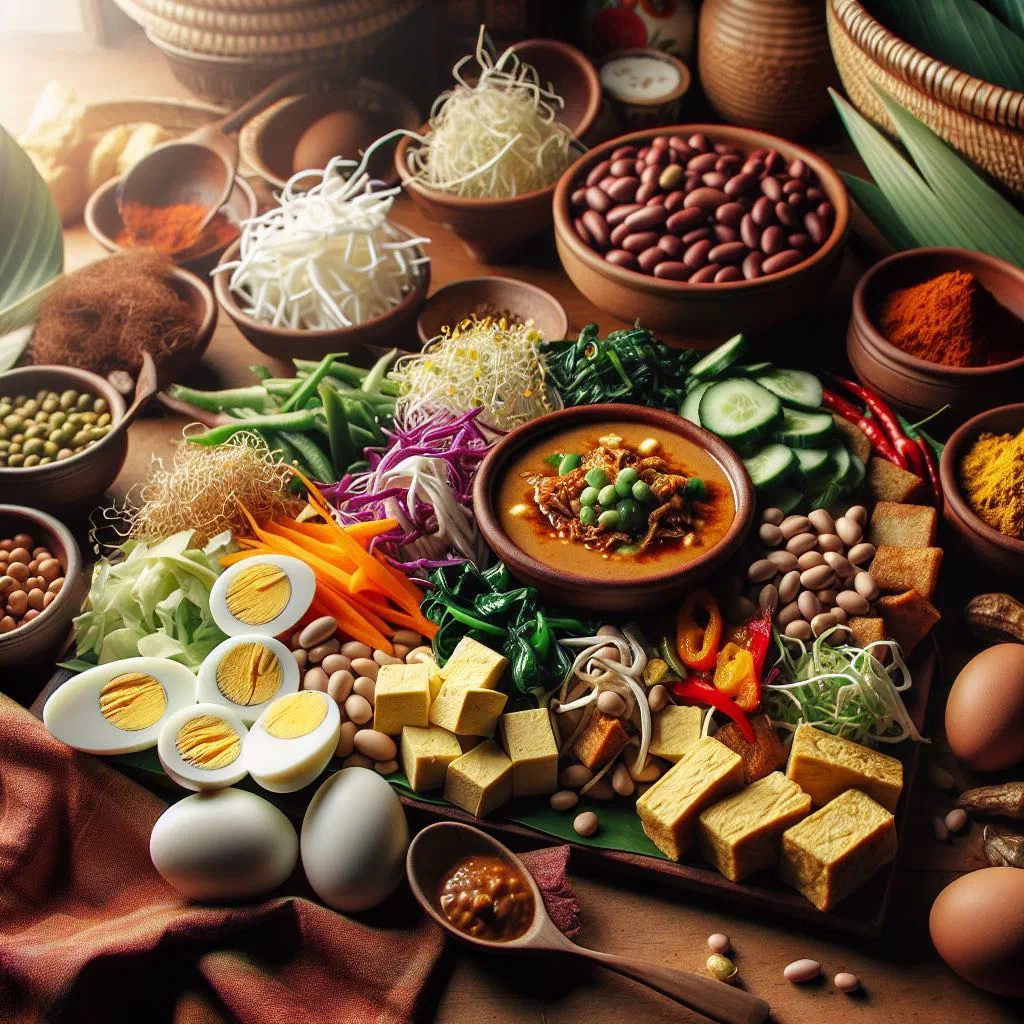 Gado-gado salad with blanched vegetables, tofu, boiled eggs and creamy peanut sauce