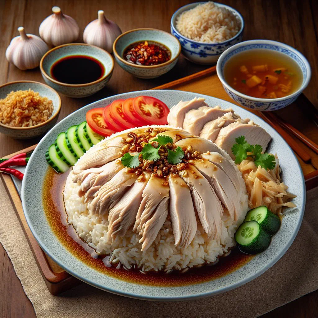 Hainanese chicken rice with poached chicken, fragrant rice and dipping sauces