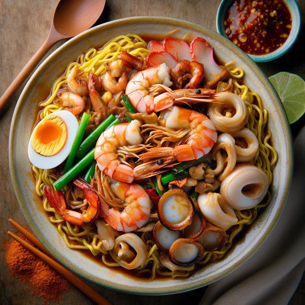 Hokkien mee with thick egg noodles, prawns and vegetables in dark soy sauce