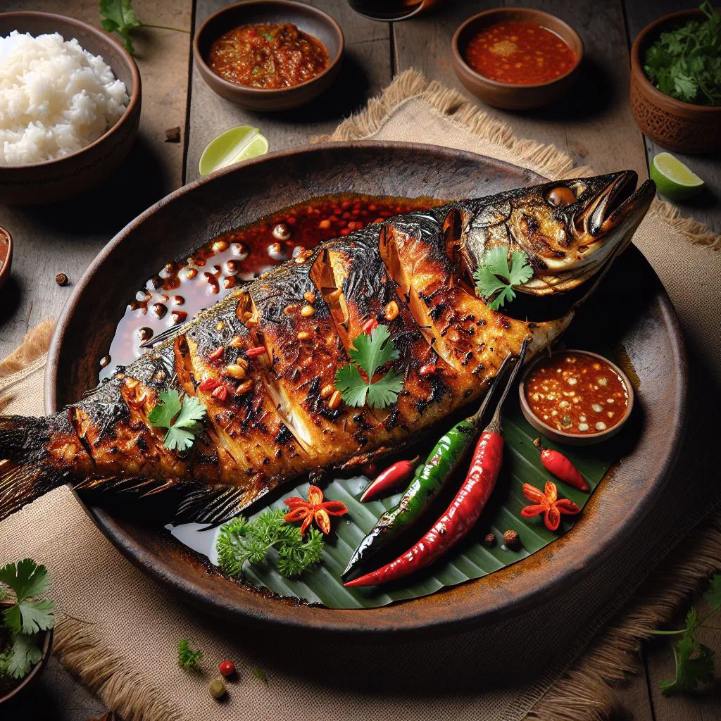 Grilled marinated fish garnished with fresh herbs, Malaysian ikan bakar style