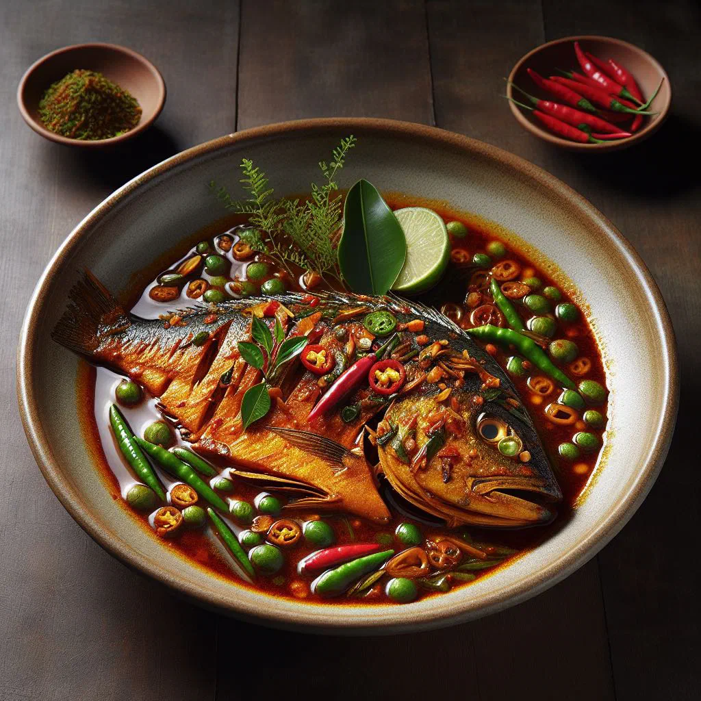 Ikan masak asam — fish simmered in a tangy tamarind sauce with chillies and fresh coriander