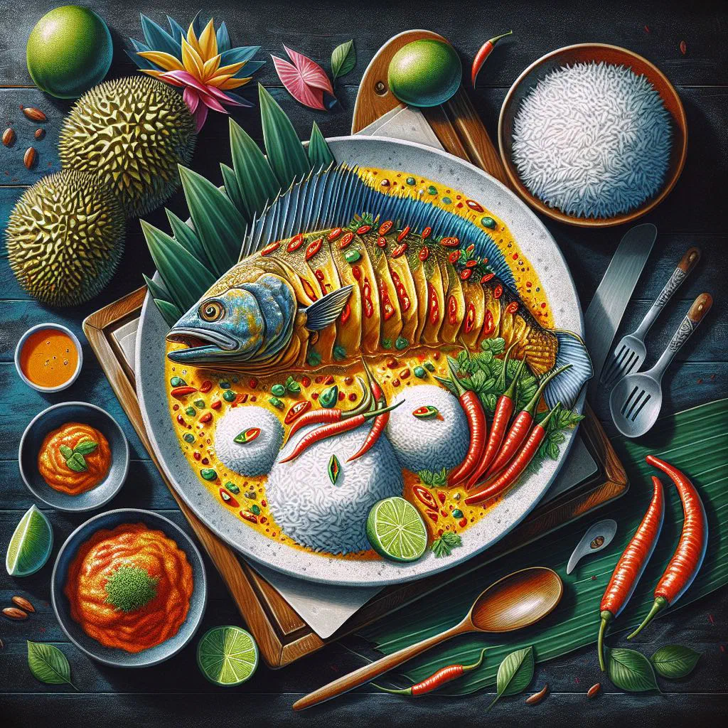 Ikan patin masak tempoyak — patin fish simmered in a golden fermented durian gravy, garnished with fresh coriander