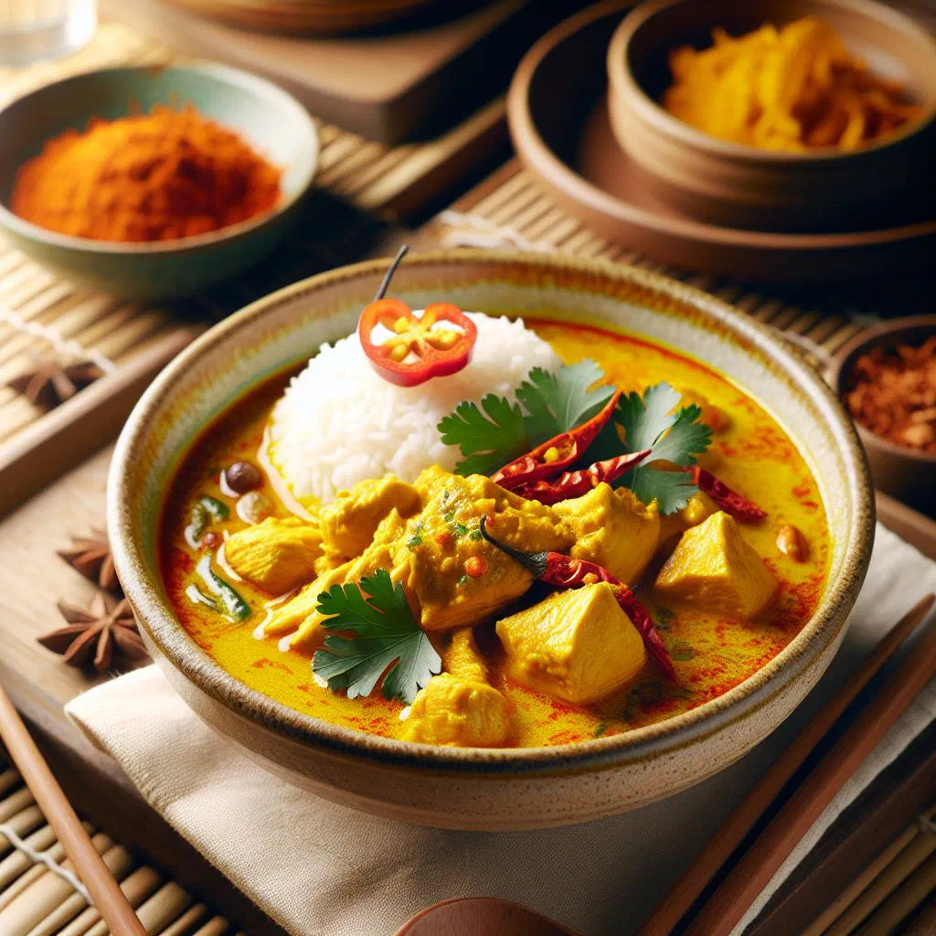Malaysian chicken curry in a rich coconut sauce garnished with fresh herbs