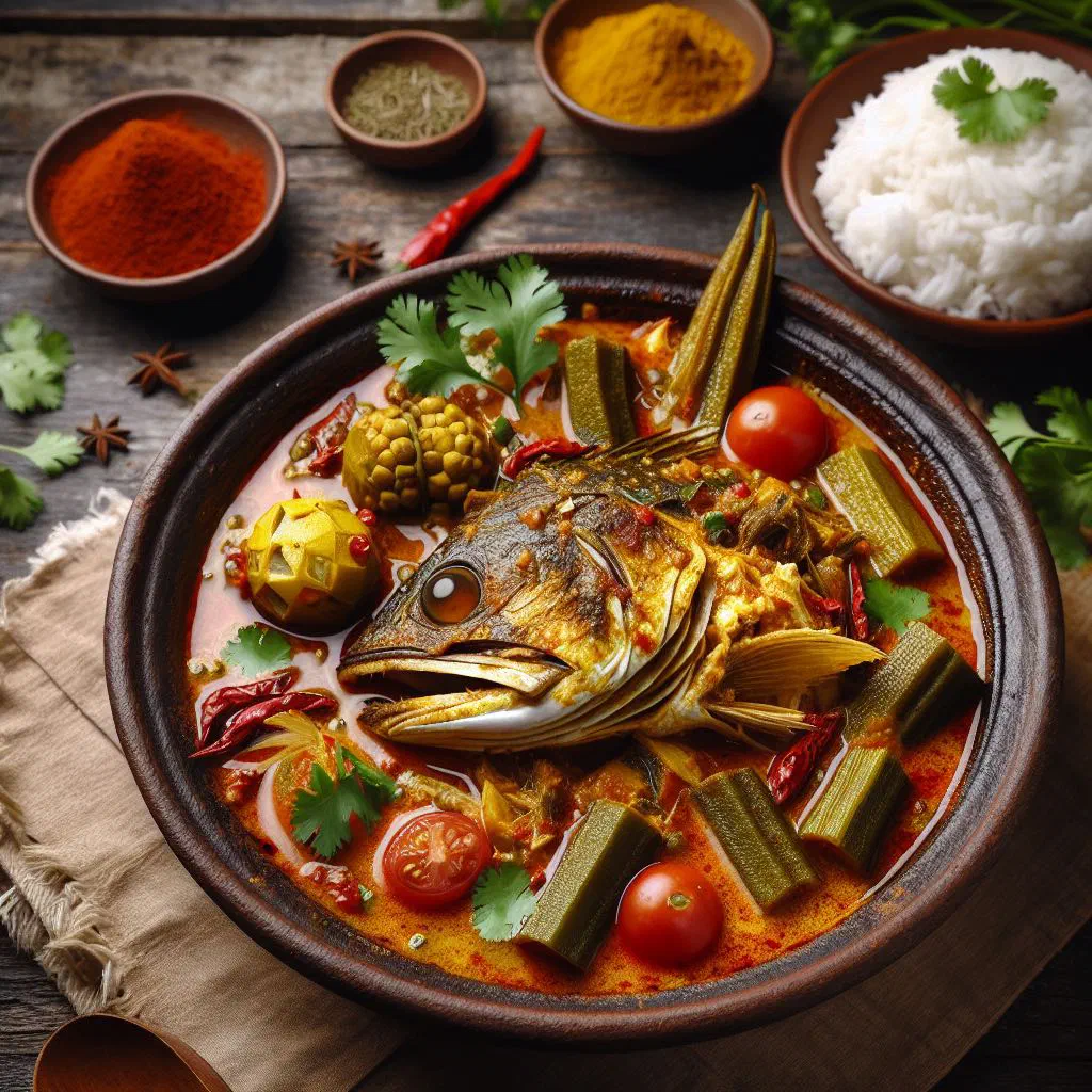 Fish head curry in a rich coconut sauce garnished with fresh coriander