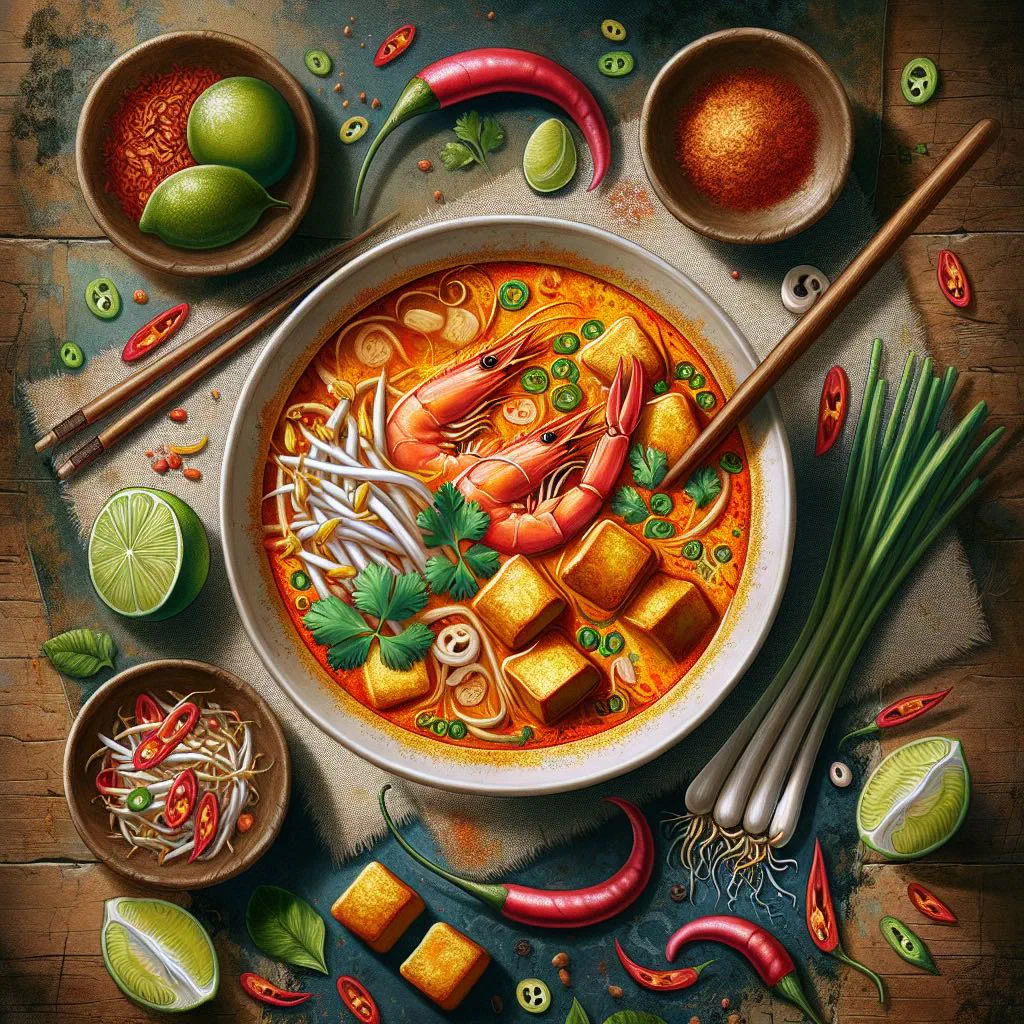 Bowl of kari laksa with rice noodles in creamy curry broth, garnished with coriander and lime