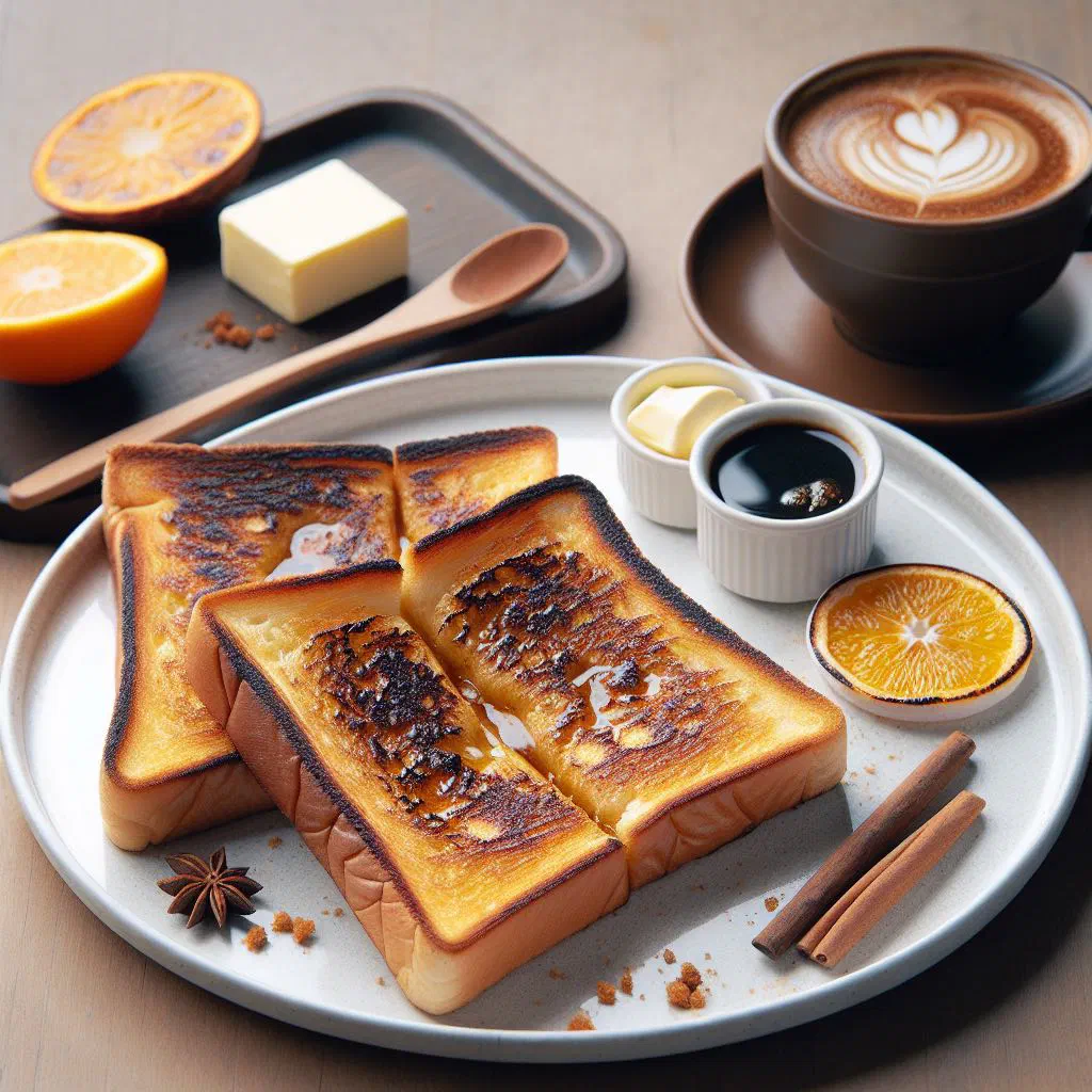 Golden kaya toast slices spread with coconut jam, served with a cup of tea