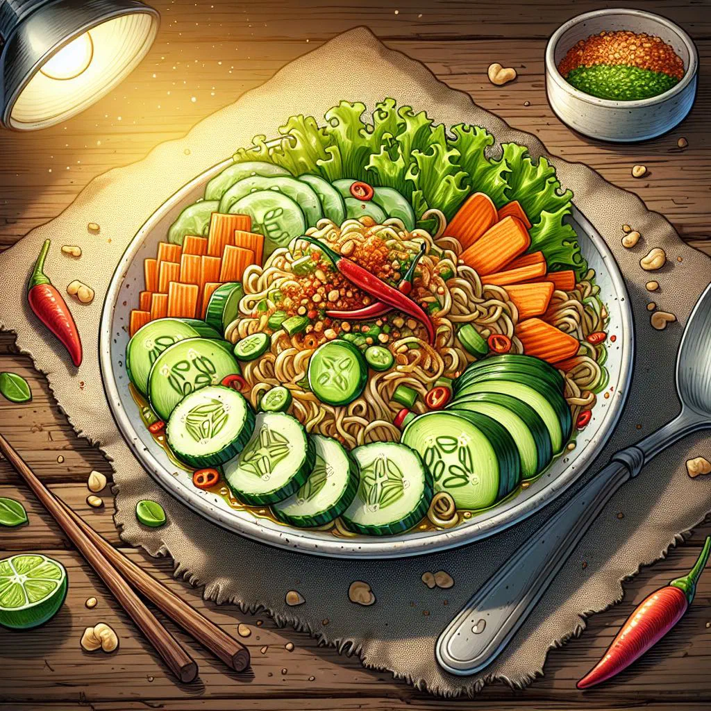 Kerabu Maggi noodle salad with fresh vegetables, herbs and chilli