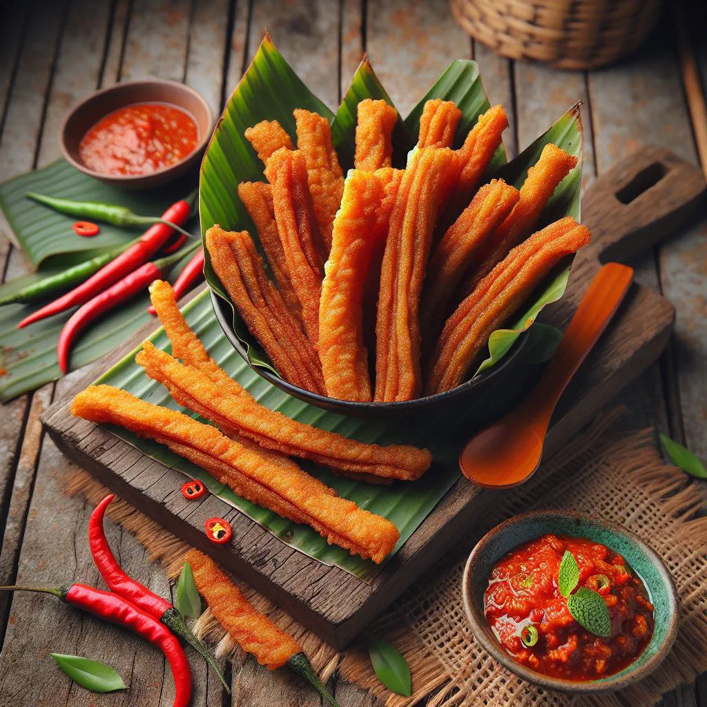 Golden fried keropok lekor fish sticks served with a chilli dipping sauce