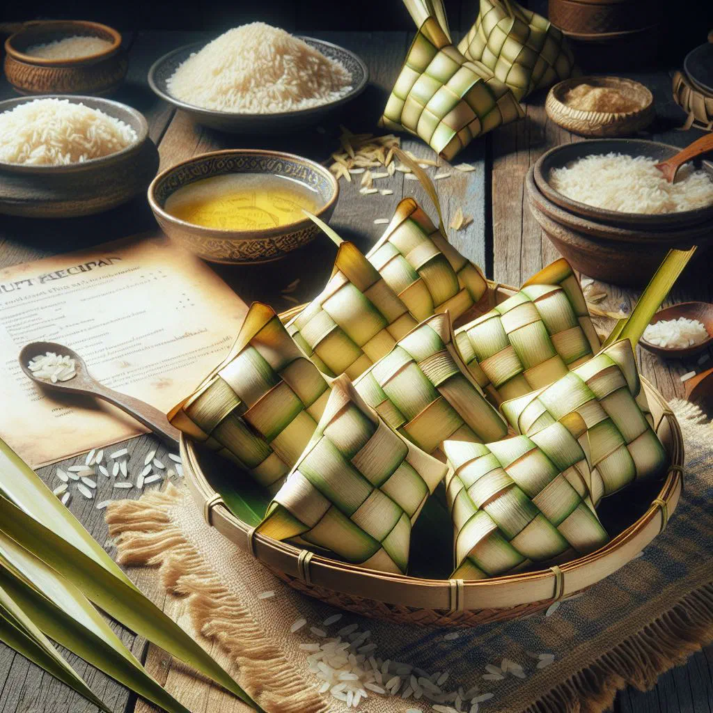 Ketupat rice cakes wrapped in woven palm leaves
