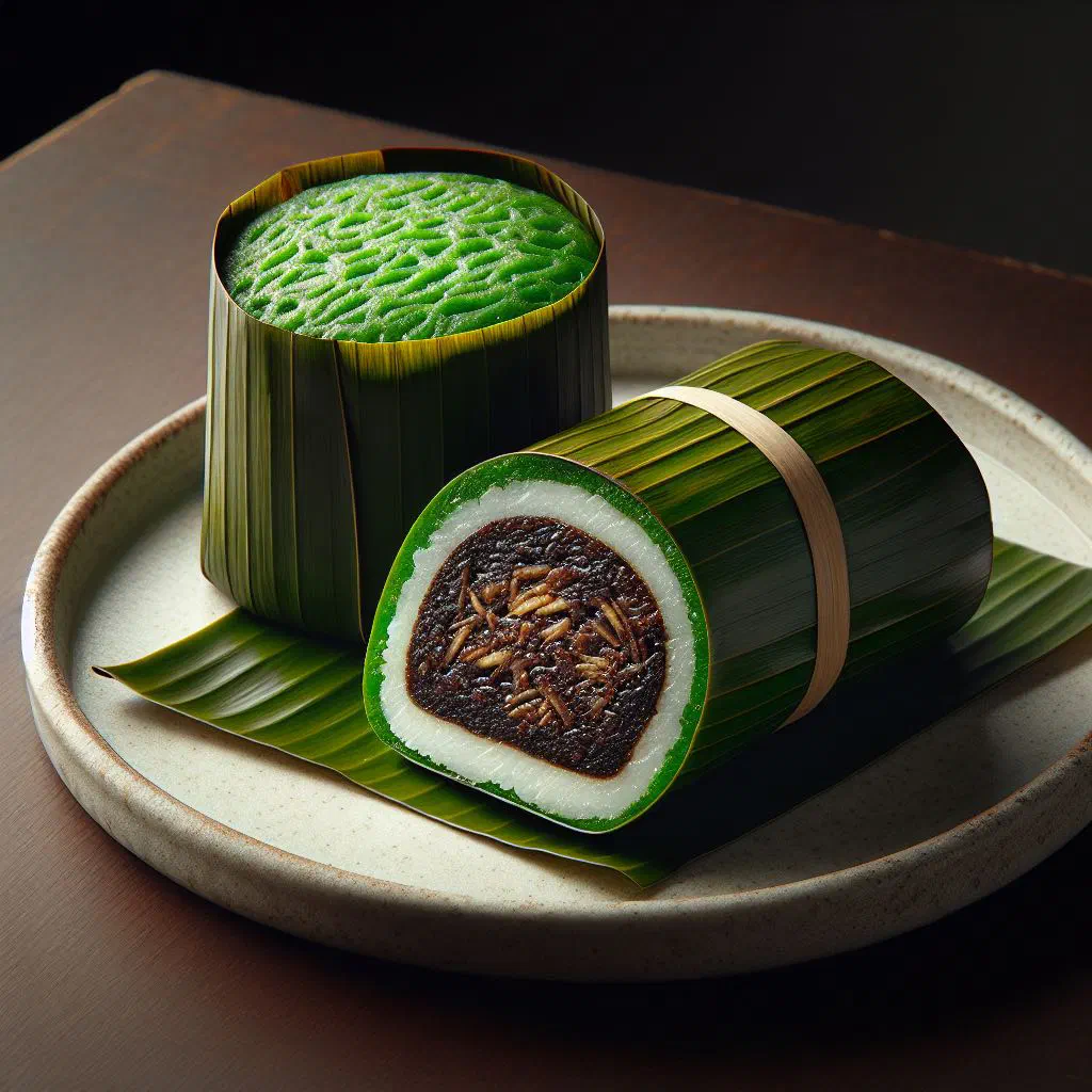 Bright green kuih ketayap pancakes rolled around a sweet coconut filling