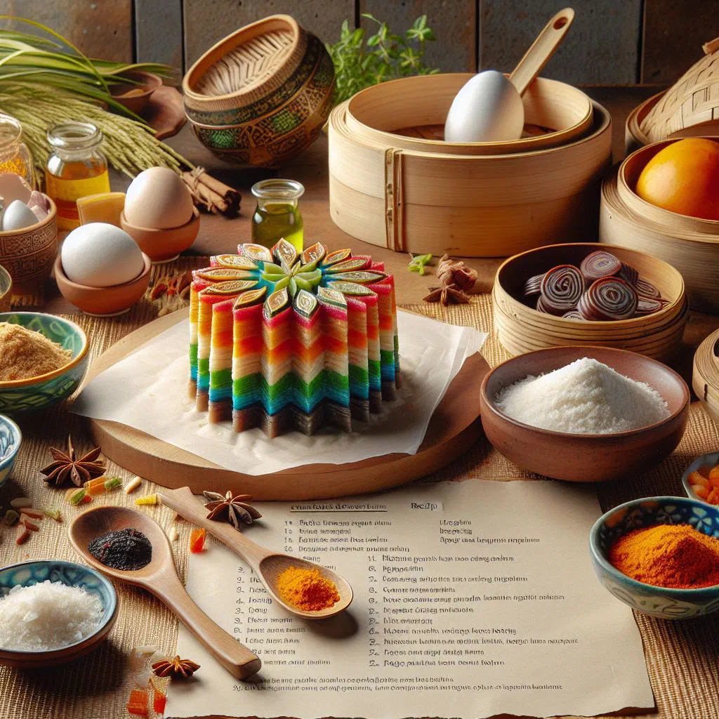 Colourful layered kuih lapis steamed rice cake cut into neat slices