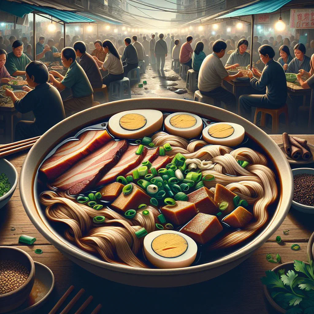 Bowl of kway chap with broad rice noodles, tender meat and fresh herbs in a fragrant broth