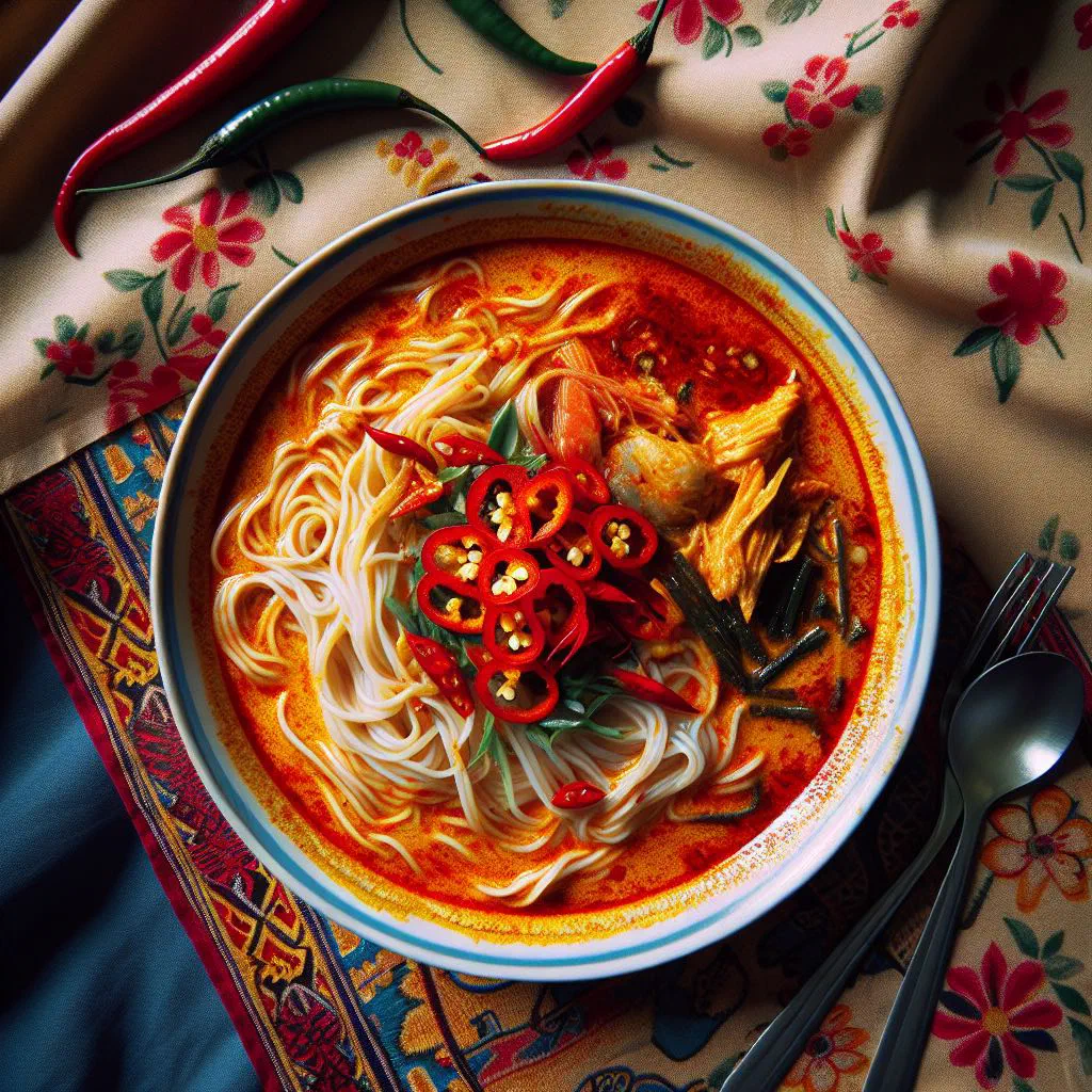 Bowl of Laksa Johor with rice noodles, prawns and creamy coconut broth garnished with mint and lime