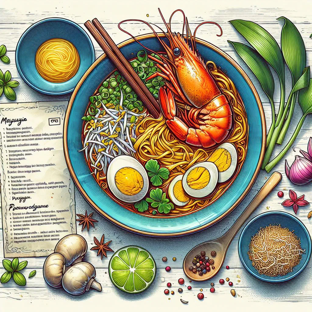 Bowl of laksa Penang with rice noodles, prawns and fresh herbs in a spicy coconut broth