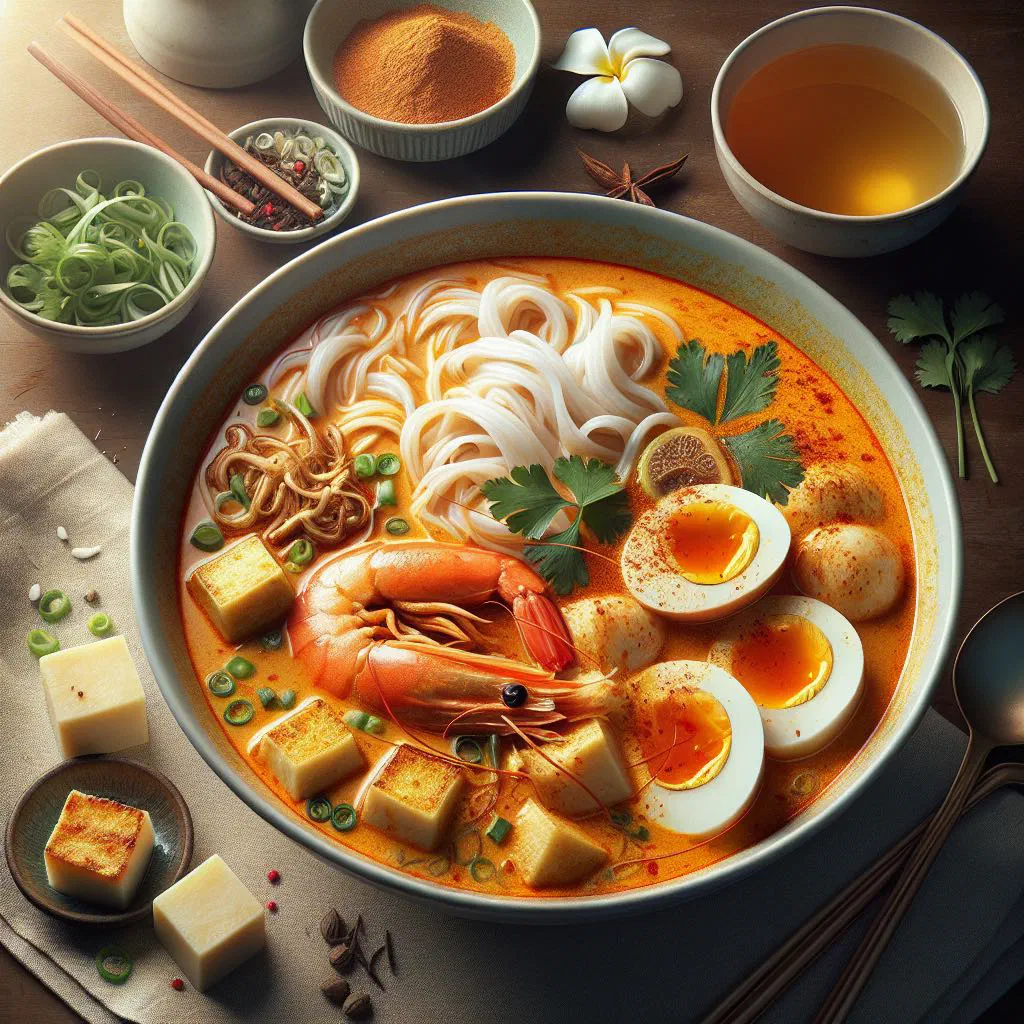 Bowl of Malaysian laksa noodle soup with coconut broth, fresh herbs and cucumber