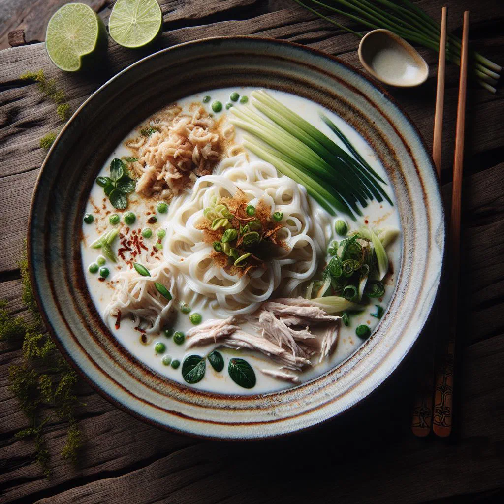 Bowl of laksam rice noodles in a rich coconut sauce garnished with fresh herbs