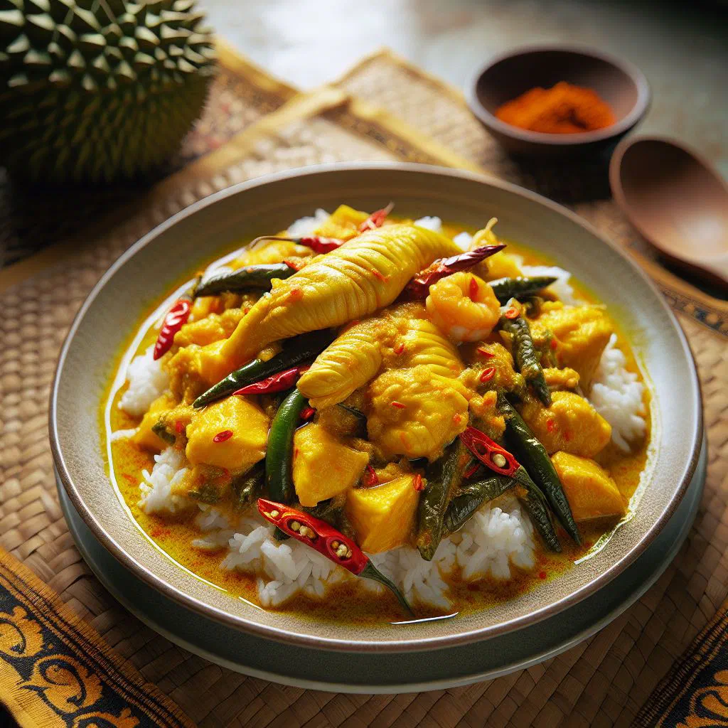 Masak tempoyak with fish in a golden fermented durian sauce