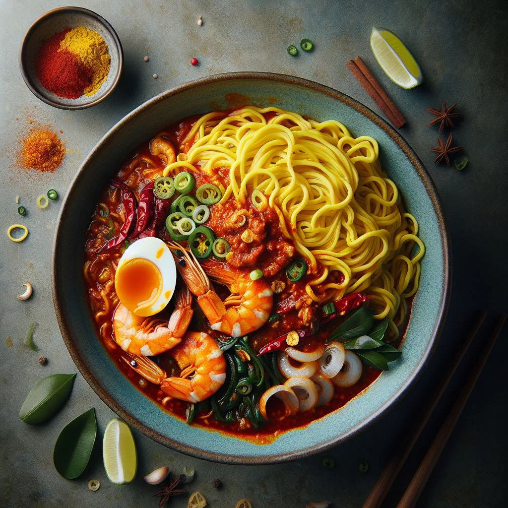 Bowl of Mee Bandung with egg noodles, prawns and fresh coriander in a spicy broth