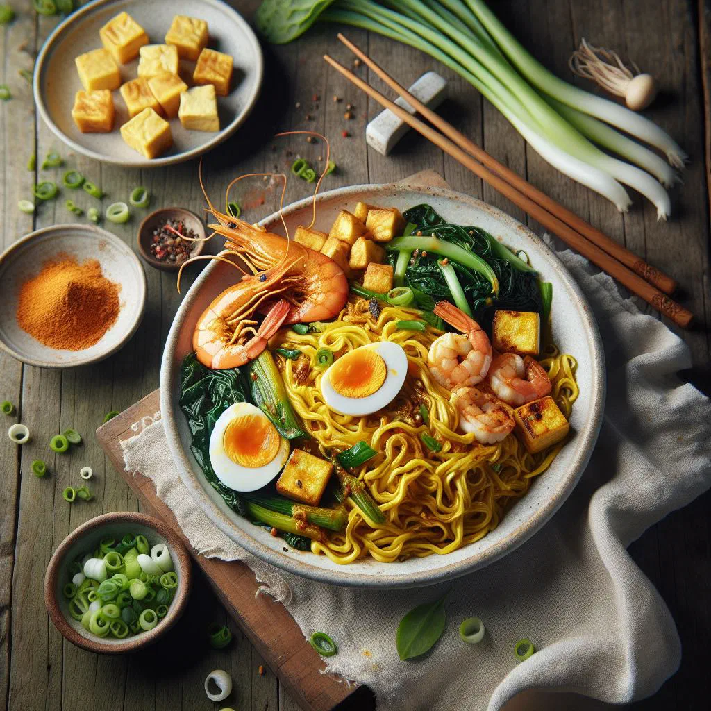 Mee goreng mamak fried yellow noodles with vegetables and lime wedges