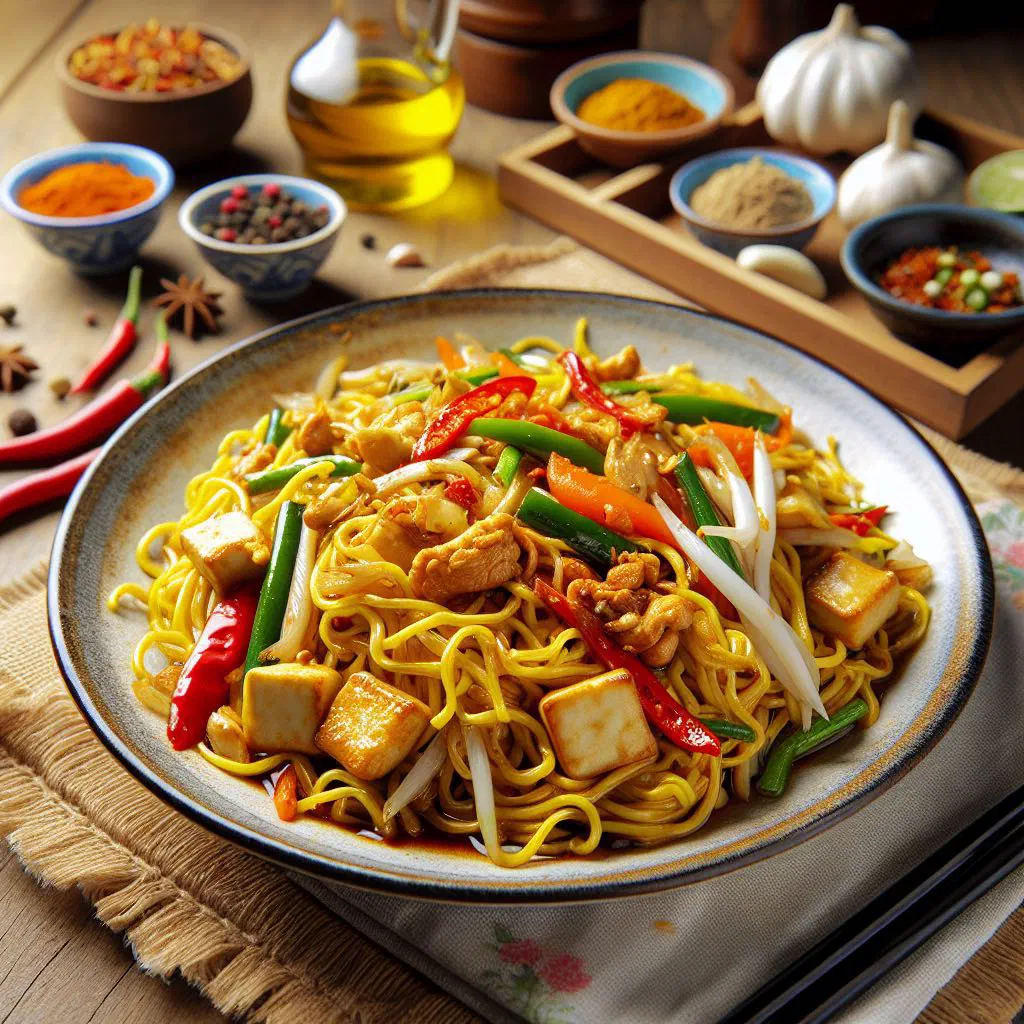 Mee goreng fried noodles with vegetables, garnished with fresh herbs and lime