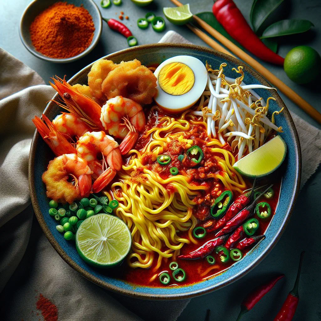 Bowl of mee jawa with noodles in spicy sauce, garnished with herbs and chilli