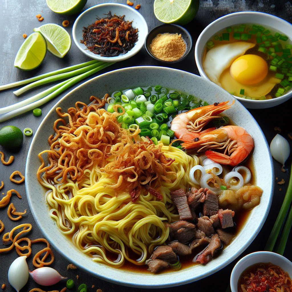 Bowl of mee kolok noodles with tender meat, fresh coriander and chilli