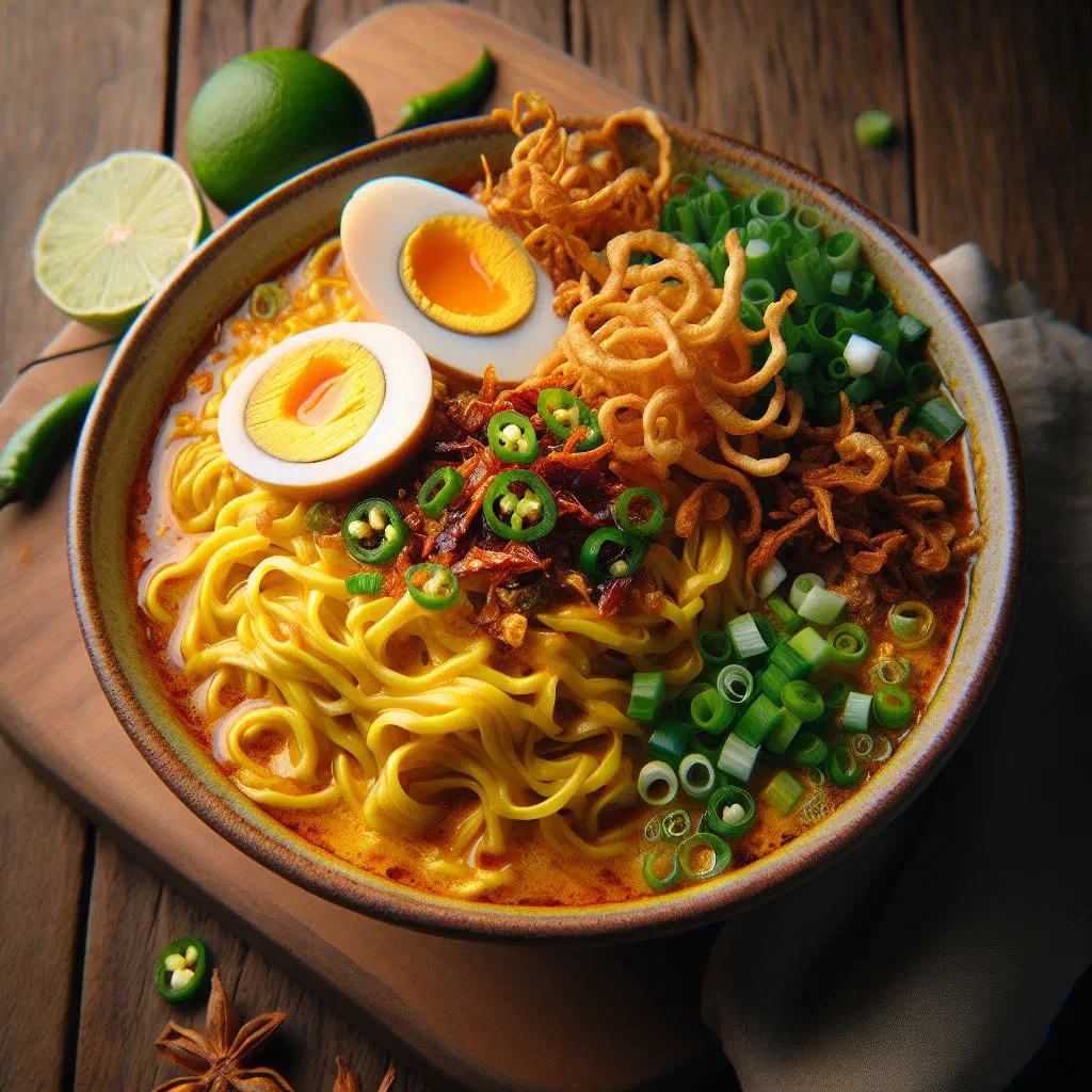 Bowl of mee rebus with yellow noodles, boiled egg, tofu and lime wedges