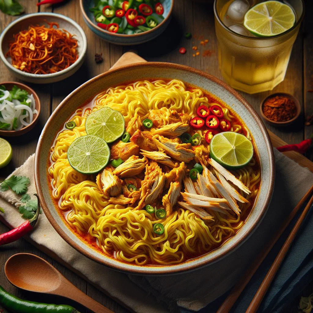 Bowl of Mee Soto noodle soup with chicken, fresh coriander and chilli