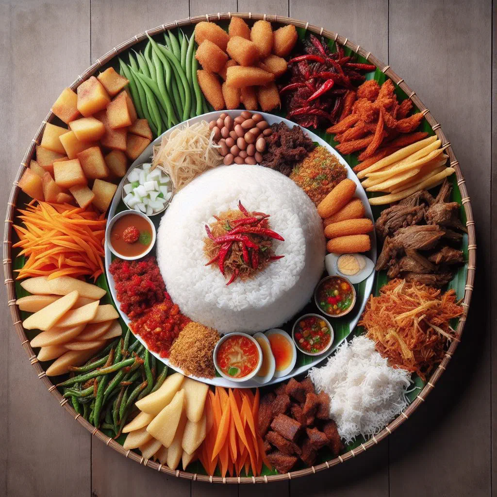 Nasi ambeng platter with fragrant rice, golden fried meat and colourful side dishes
