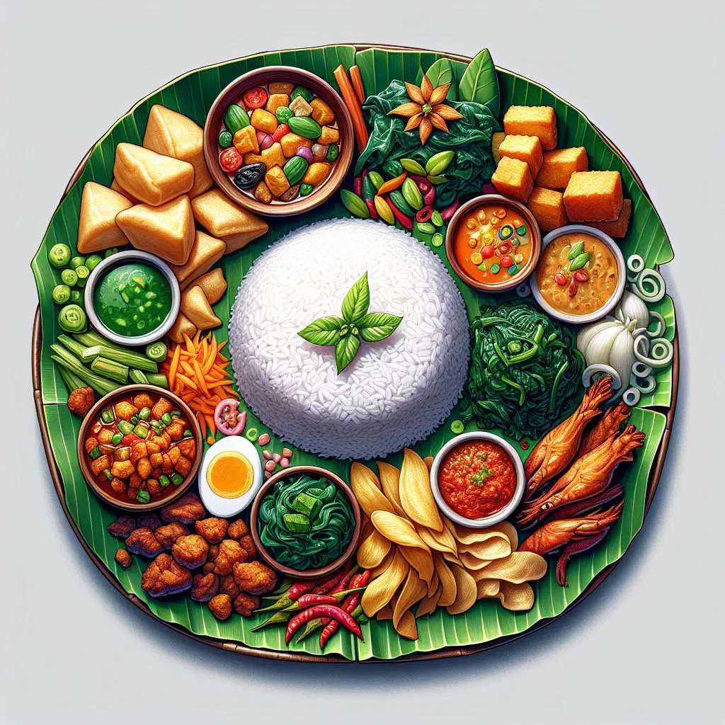 Plate of nasi campur with steamed rice, meat, egg and vegetable side dishes
